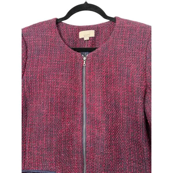 LOFT Blazer Womens Size 10 Burgundy Blue Wool Tweed Collarless Full Zip Jacket - Picture 2 of 12